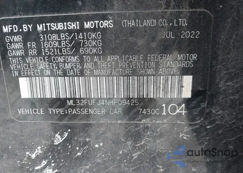 2022 Mitsubishi Mirage G4 Black Edition/Es/Le z USA, uszkodzony, nr VIN ML32FUFJ4NHF09425